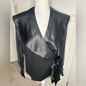 Willow Ridge Black Satin Blouse with organza sleeves, size 14